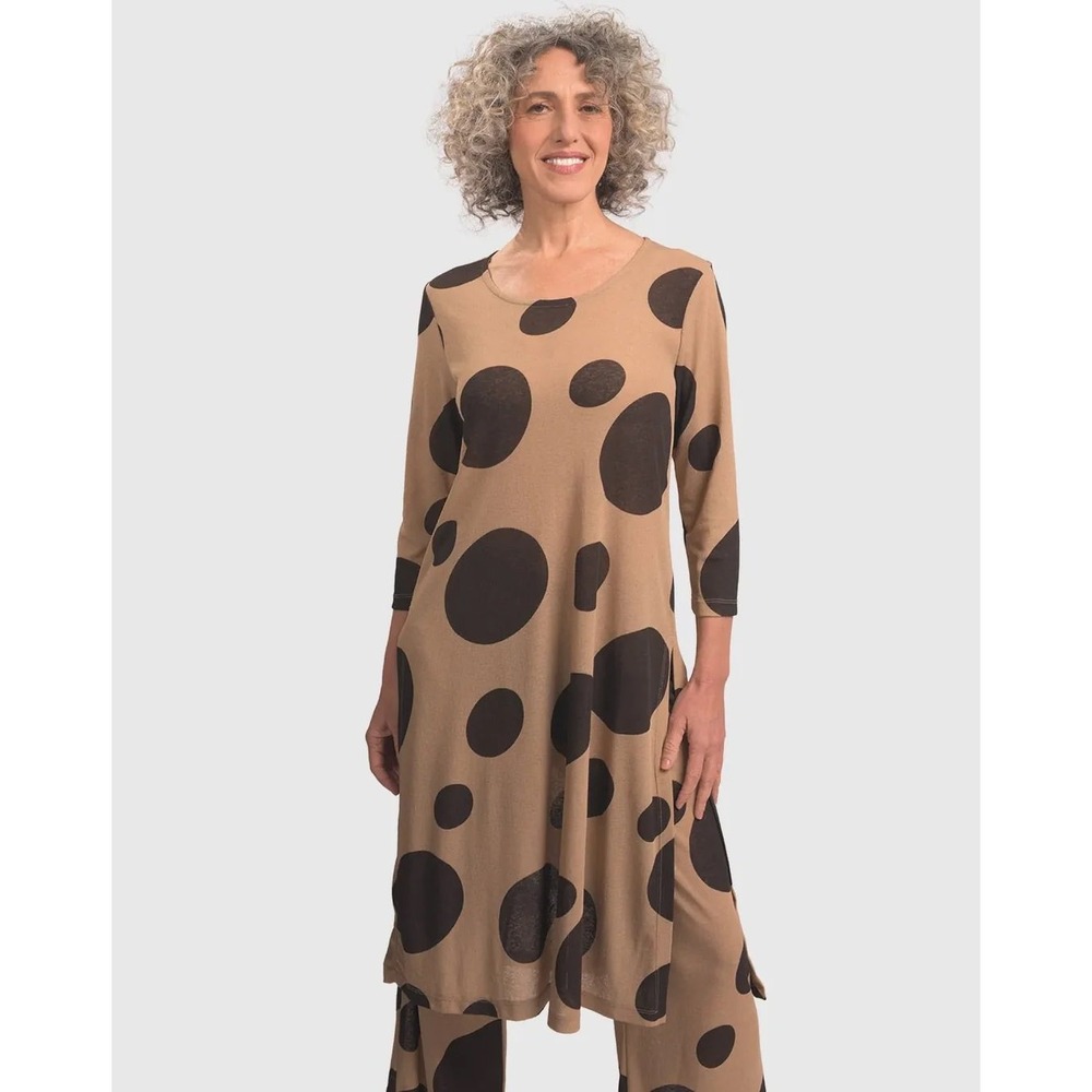 Alembika Tunic Top Mara Polka Dot Sheer Mesh Lagenlook‎ Brown Black Womens L